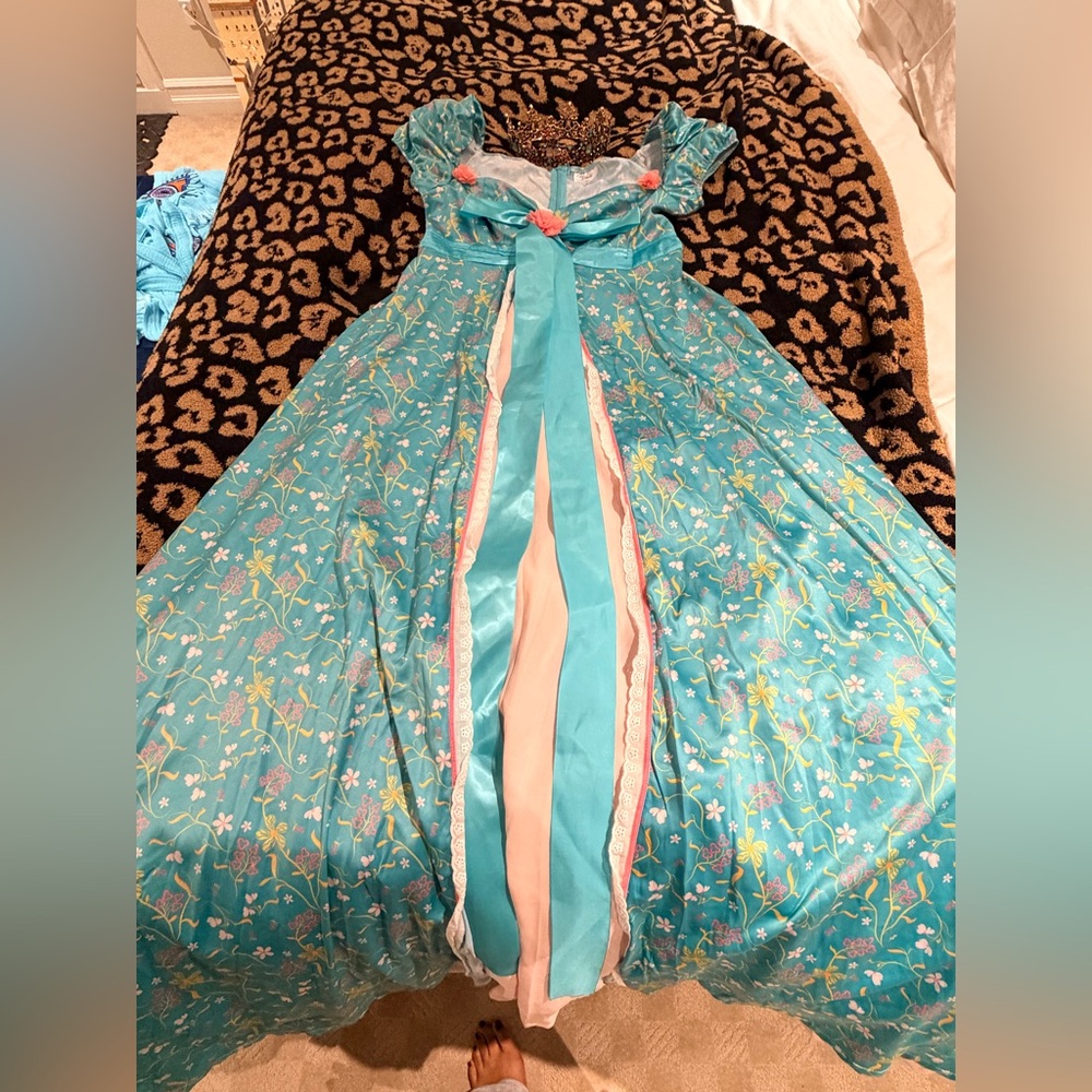 Disney Teal Floral Princess gown Halloween costume with ornate rhinestone crown